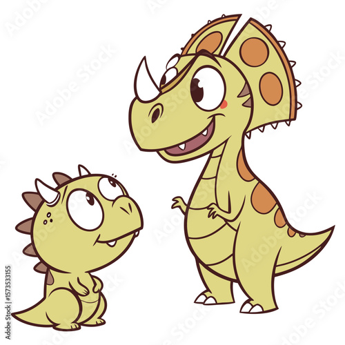 A cute baby dinosaur looking up at a larger triceratops