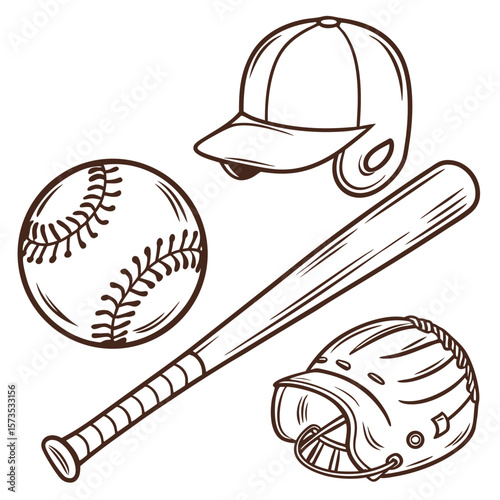 Baseball equipment including bat, ball, glove, and helmet