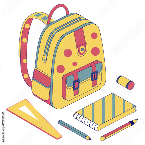 Yellow backpack with school supplies including books and pencils