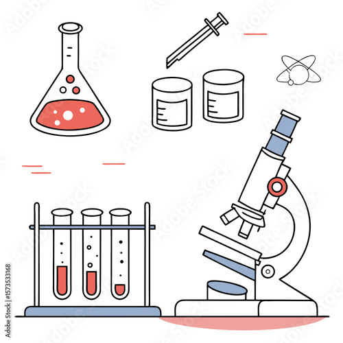 Science laboratory equipment including microscope and test tubes