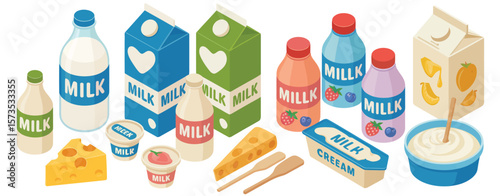 Assortment of Dairy Products Including Milk, Yogurt, Cheese and Cream