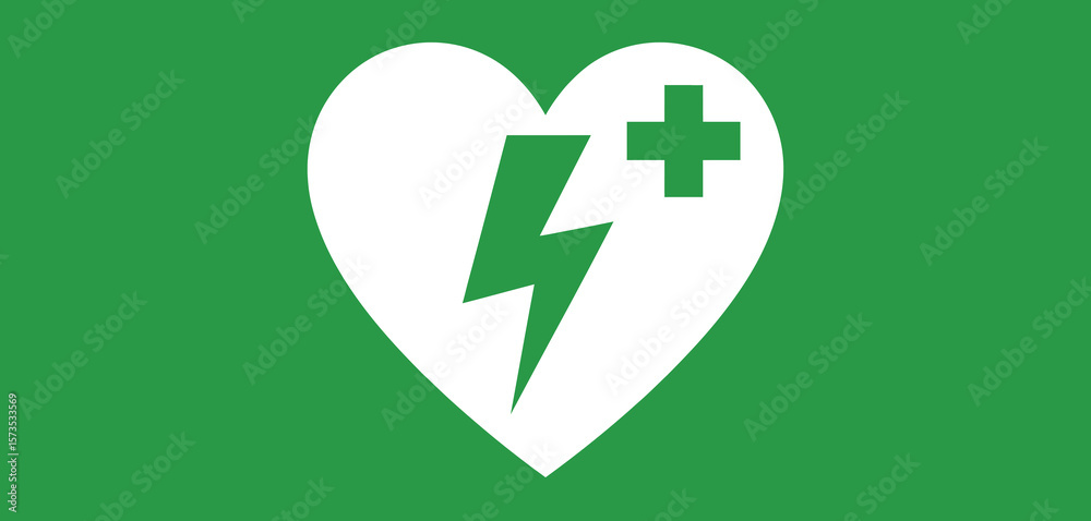 Obraz premium AED Symbol Heart with Lightning and Plus Sign on Green Background