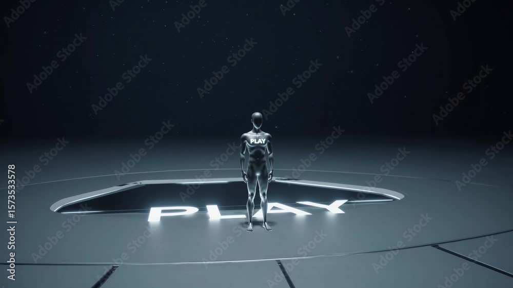 Robot devant un bouton “PLAY” dans une salle futuriste