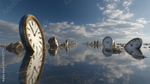 Surreal depiction of melting clocks in water evoking time and dreamlike state