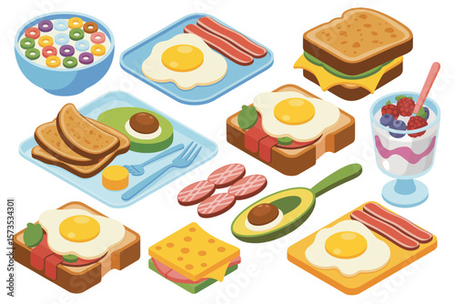 Various Isometric Breakfast Foods and Dishes