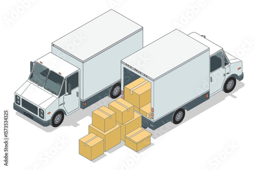 Two Delivery Trucks Loading Cardboard Boxes
