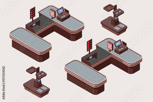 Modern Grocery Checkout Counters in Isometric View