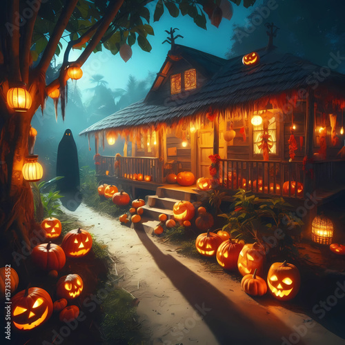 Halloween Night at a Haunted Tropical Village with Ghost and Glowing Pumpkins