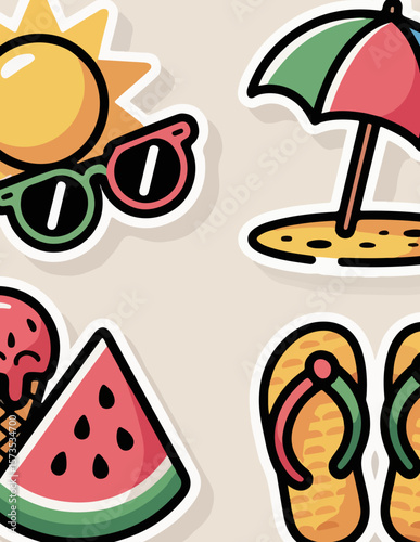 Flat Vector Icon Set of Summer Elements – Sun, Ice Cream, Flip-Flops, and More

