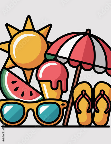 Flat Vector Icon Set of Summer Elements – Sun, Ice Cream, Flip-Flops, and More

