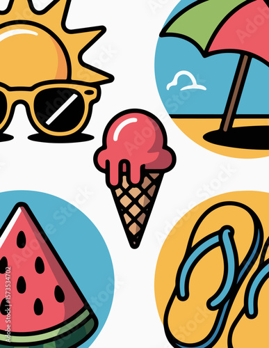 Flat Vector Icon Set of Summer Elements – Sun, Ice Cream, Flip-Flops, and More

