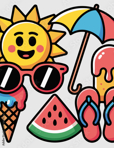 Flat Vector Icon Set of Summer Elements – Sun, Ice Cream, Flip-Flops, and More

