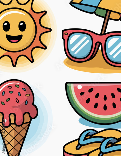 Flat Vector Icon Set of Summer Elements – Sun, Ice Cream, Flip-Flops, and More

