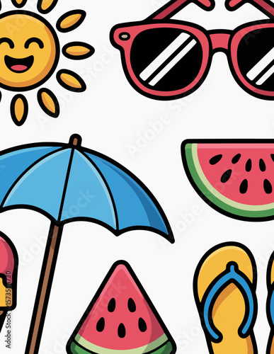 Flat Vector Icon Set of Summer Elements – Sun, Ice Cream, Flip-Flops, and More

