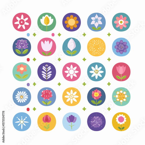flat-style floral ui icon pack with twenty vector elements aligned on precise 64 px grid