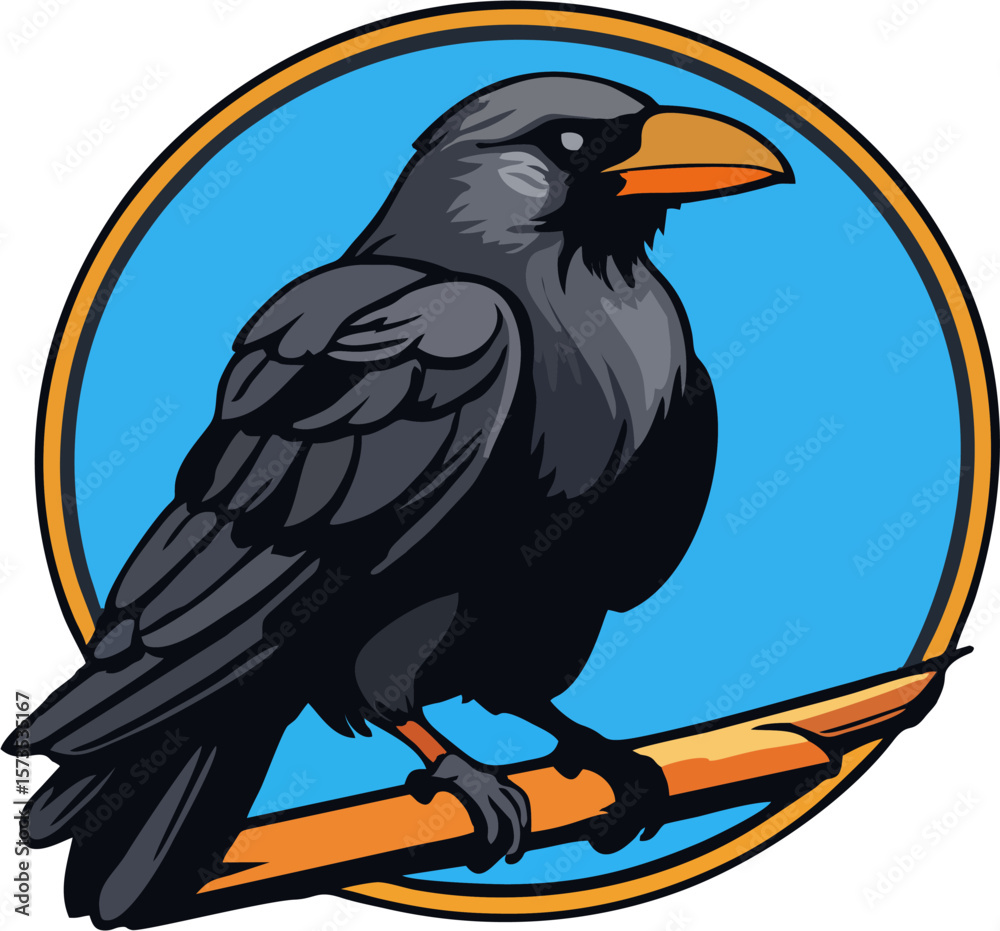 Fototapeta premium Cartoon Crow Perched on Branch – Bold Vector Illustration with Blue Circle Background
