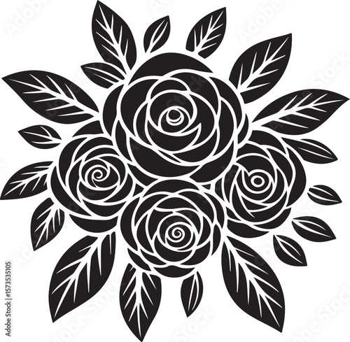 Elegant black and white floral arrangement of roses and leaves for decoration
