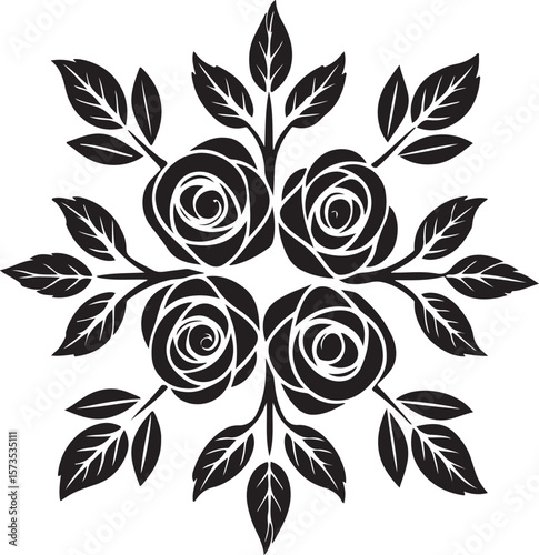 Elegant black and white floral arrangement featuring roses and detailed leaf designs