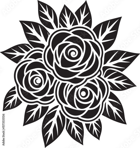 Elegant black and white floral design depicting roses and detailed leaf arrangements