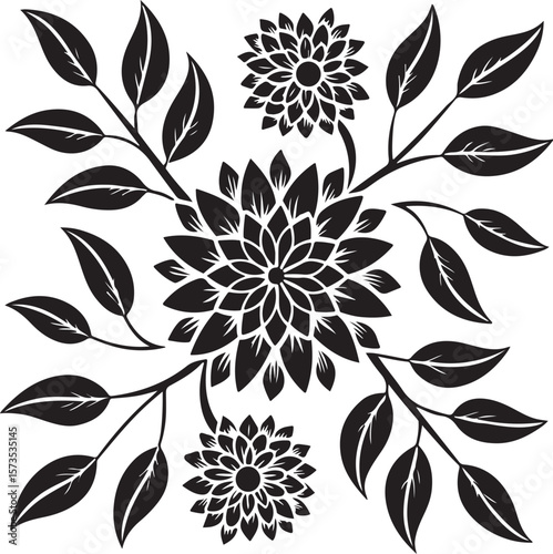 Elegant black and white floral design with decorative flowers and leaves on white background