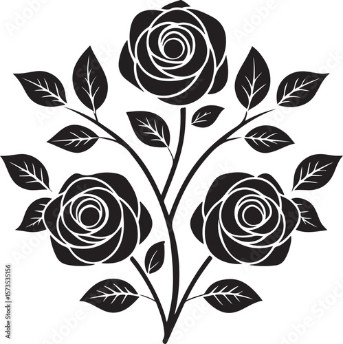 Elegant black and white floral design featuring roses and detailed leaf elements