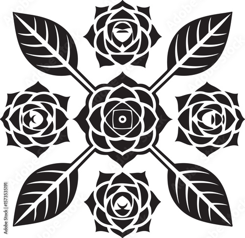 Elegant black and white floral mandala design featuring roses and leaves