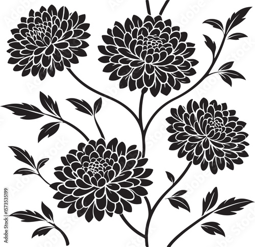 Elegant black and white floral pattern featuring chrysanthemum blooms and delicate leaves