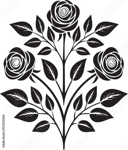 Elegant black and white illustration of roses and leaves floral design element