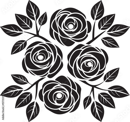 Elegant black and white rose floral arrangement with detailed petals and leaves