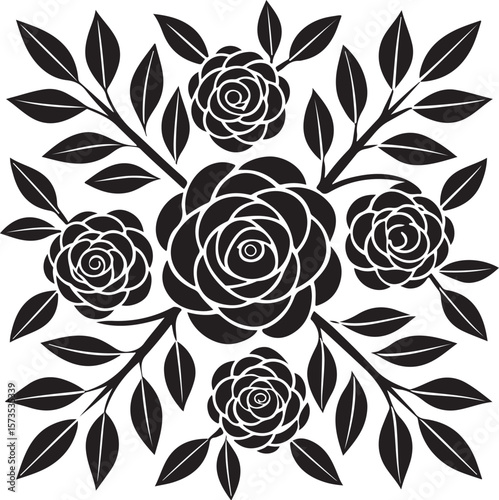 Elegant black and white rose arrangement with branches and leaves decorative floral design