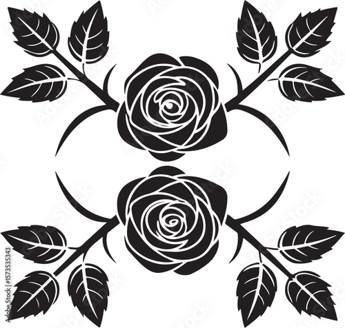 Elegant black and white rose floral arrangement with leaves for decorative designs