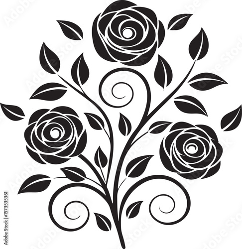 Elegant black and white rose floral vector design featuring roses and lush foliage