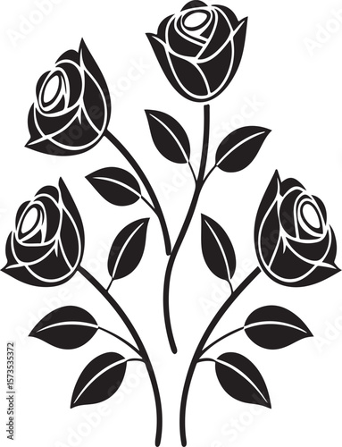 Elegant black and white rose illustration featuring detailed floral design on white background