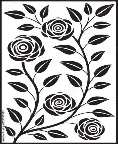 Elegant black and white vector illustration of rose flowers with leaves and branches