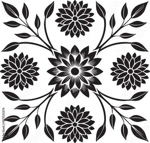 Elegant black floral pattern design with flowers and leaves for decorative purposes
