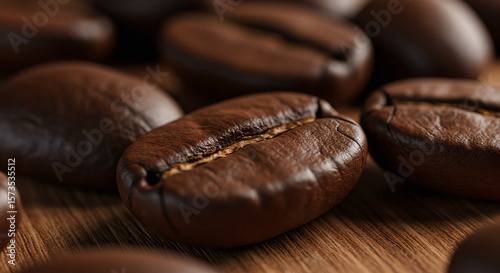 Macro shot of roasted coffee beans with high detail and rich texture on dark wooden surface