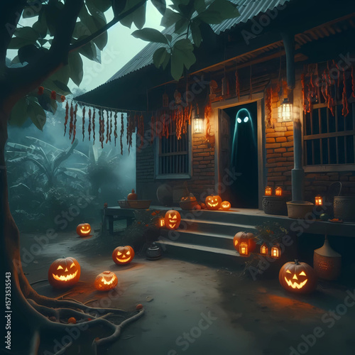 Spooky Halloween Night in a Rural Village with Ghost and Jack-o'-Lanterns