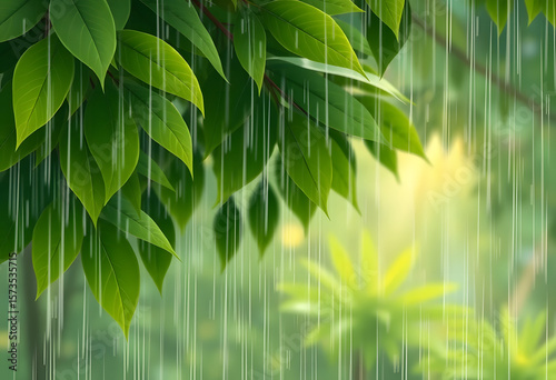 Green Leaves in Rain – Tropical Nature Scene with Falling Raindrops

