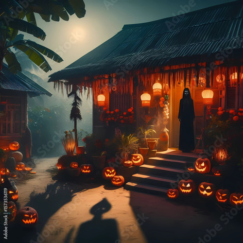 Scary Cloaked Figure at Haunted Village House on Halloween Night