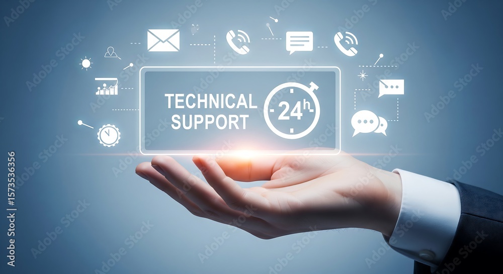 Naklejka premium Hand holding a Technical Support 24h graphic. Icons representing communication & data analysis surround it. Blue background. Represents customer service.