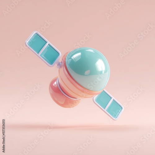 A colorful 3D model of a satellite against a soft pink background, ideal for technology, space-themed projects, or educational materials showcasing modern communications,