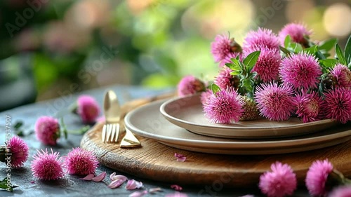 Pink Clover Flowers on Wooden Table Setting