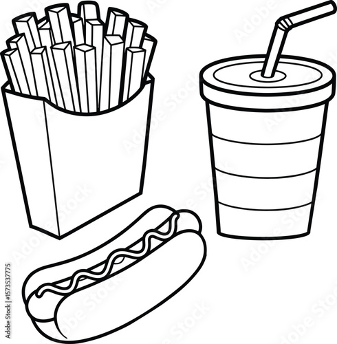 Fast Food Combo Line Art – Fries, Hot Dog, and Soda Vector Clipart