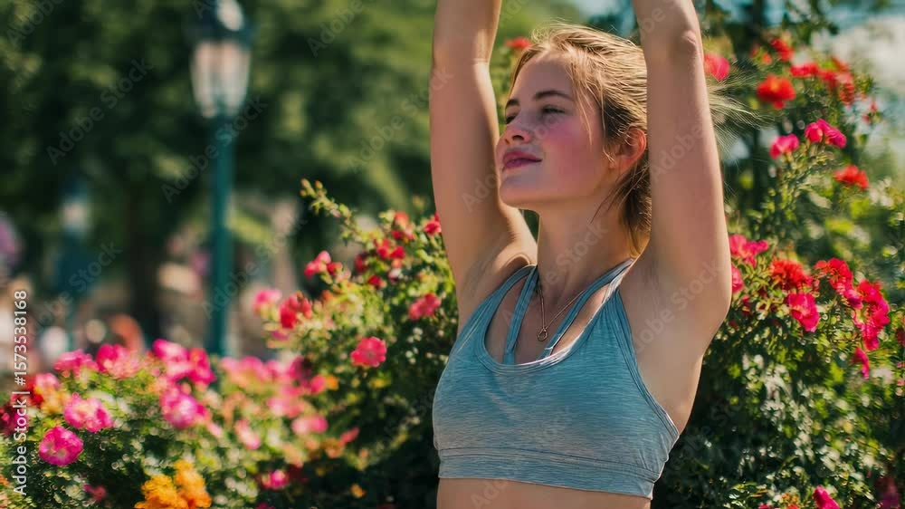 In an open space of a city park a young woman stretches her arms overhead her face showing signs of fatigue. She pauses to take a refreshing sip from her water bottle her athletic attire In an open space of a city park a young woman stretches her arms overhead her face showing signs of fatigue. She pauses to take a refreshing sip from her water bottle her athletic attire
