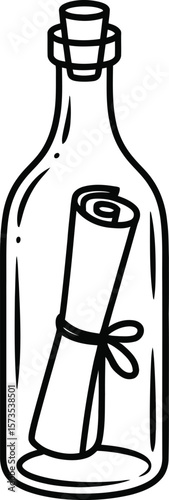 Message in Bottle Line Art – Nautical Scroll Drawing Vector Clipart