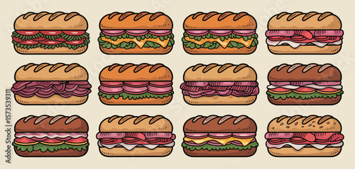 Collection of Colorful Cartoon Sub Sandwiches