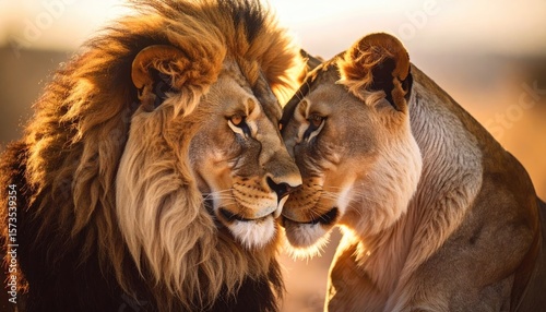 Majestic lion pair in golden light