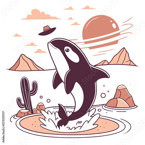 Charming SVG of a Curious Orca featuring splashing in puddles, styled in a Desert sunset theme with Sundown Glow hues
