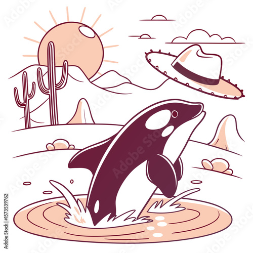 Charming SVG of a Curious Orca featuring splashing in puddles, styled in a Desert sunset theme with Sundown Glow hues