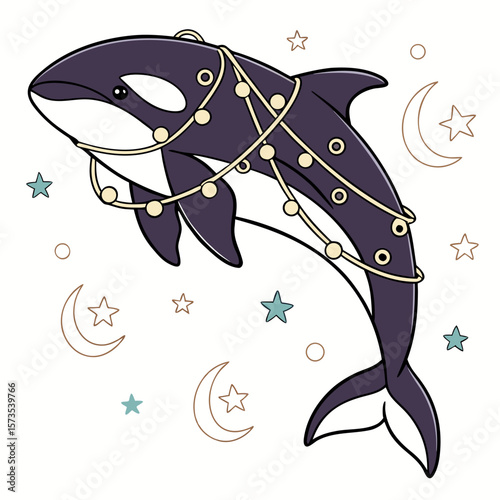 Magical Night colored Orca with a Curious touch, placed in a Starry night theme and styled with wrapped in fairy lights